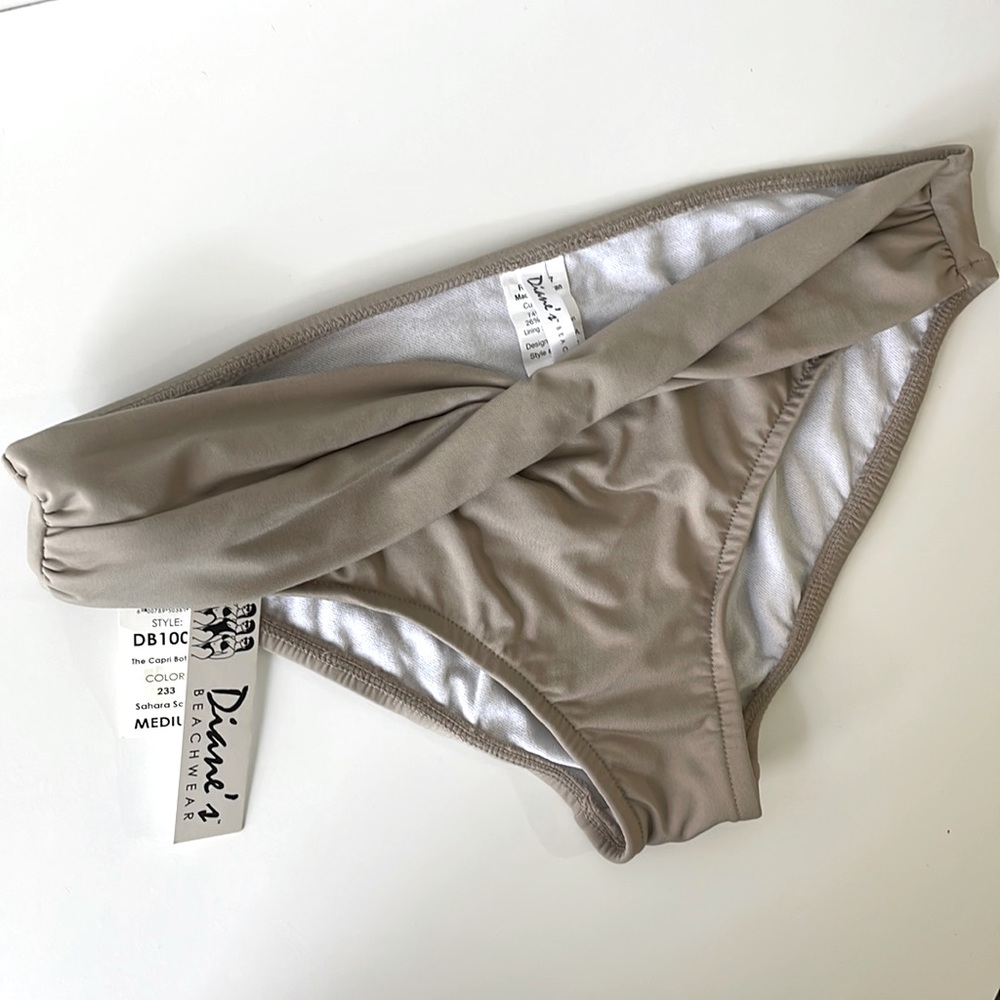 NWT sand tan bikini bottoms drape ruched waistband Sahara khaki TAUPE full back